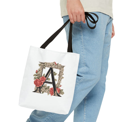 Custom Letter Personalized Tote | Rose Flowered Grocery Travel Bag | Floral Print Roses Office Laptop & Books or Exercise Overnight Carrier