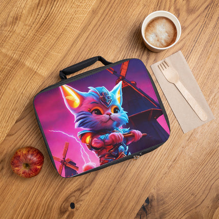 Neon Blue Fur Warrior Cat Lunch Bag Box, Boys and Girls Lightning Pink Sky Feline School Tote, Armored Cosmic Furry Kitten Insulated Bag
