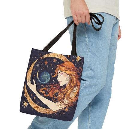 Moon Shaping Goddess Tote | Lunar Stars & Space Astronomy Grocery Bag | Woman Morphing Home Office Laptop Clothing Travel Overnight Gift