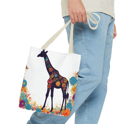 Giraffe Lovers Tote | Floral Safari Animal Grocery Bag | African Savanna Office Travel Carrier | Flower Collage Forest Cotton Traveler