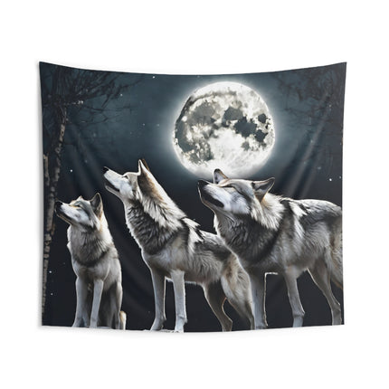 Moon Wolves Wall Decor | Night Sky Mountain Wolf Pack Tapestry | Starry Dark Full Lunar Gift | Wooded Wild Dogs Game & Bedroom Wall Hanging