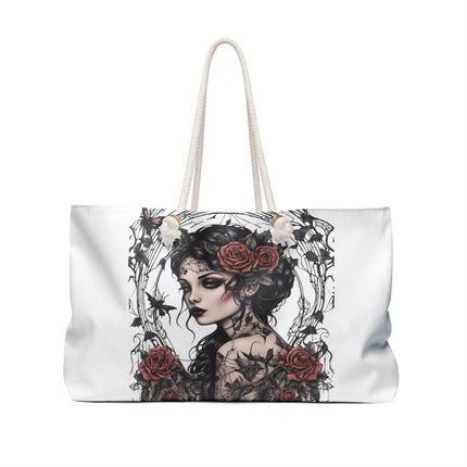 Gothic Rose Fantasy Girl Travel Gift Bag, Butterfly Flowered Spiderweb Dark Maiden Weekend Bag, Mystical Tattoo Beauty Tote