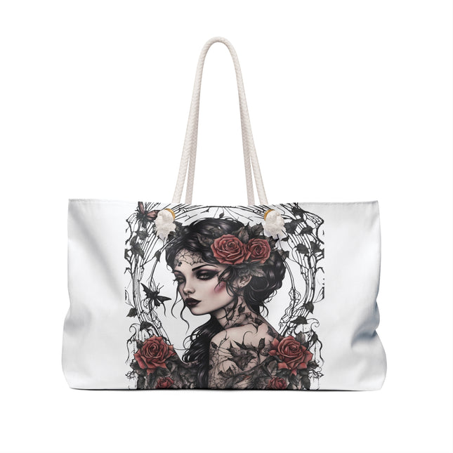 Gothic Rose Fantasy Girl Travel Gift Bag, Butterfly Flowered Spiderweb Dark Maiden Weekend Bag, Mystical Tattoo Beauty Tote
