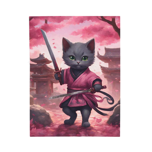 Samurai Warrior Cat Blanket, Sword Blade Kitten Warm Couch Throw Blanket, Pink Japanese Maple Tree Bed Cover, Bedroom Plush Sheet