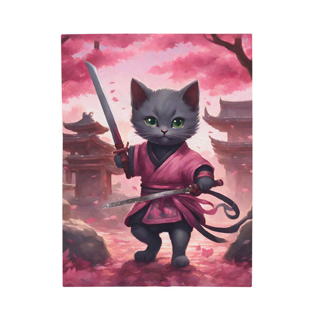 Samurai Warrior Cat Blanket, Sword Blade Kitten Warm Couch Throw Blanket, Pink Japanese Maple Tree Bed Cover, Bedroom Plush Sheet