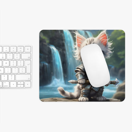 Warrior Cat Mouse Pad, Waterfall Kitten, Armored Fighter Kitty, Sword Battling Feline
