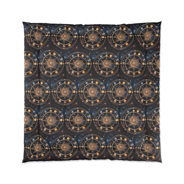 Wheel of the Year Comforter, Wiccan Sun and Moon Astronomy Lunar Galaxy Blanket, Night Sky Pagan Phase Bed Cover, Starry Good Witch Gift