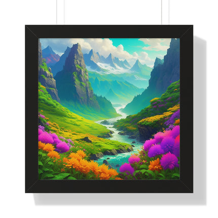 Fantasy Art Flower Mountain Valley, Landscape Framed Poster, Video Game Open World Scene Picture, River Spring Wall Hanging, Office Scenery