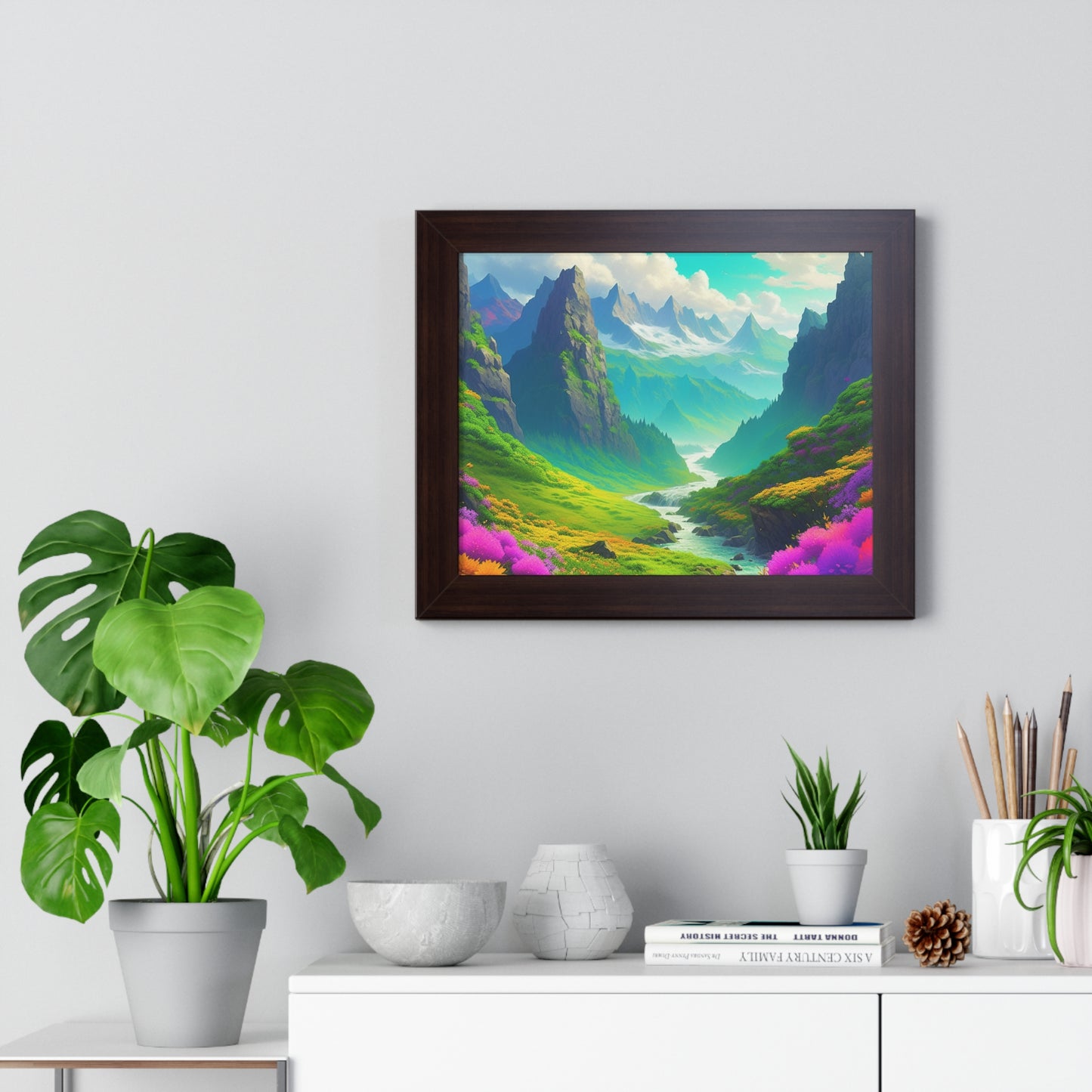 Fantasy Art Flower Mountain Valley, Landscape Framed Poster, Video Game Open World Scene Picture, River Spring Wall Hanging, Office Scenery