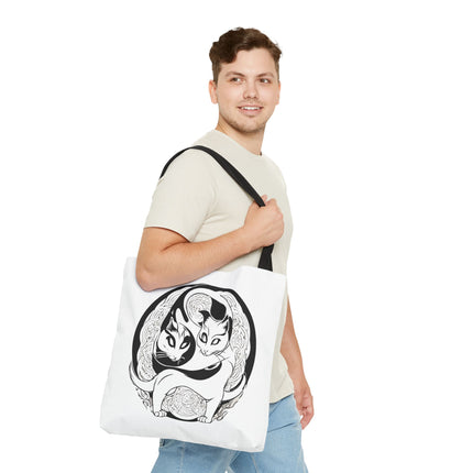 Cat Lovers Tote | Cats Yin Yang Style Grocery Bag | MEOW Chinese Print 2 Sided Office Carry All | School Supplies Kitten Carrier Tote