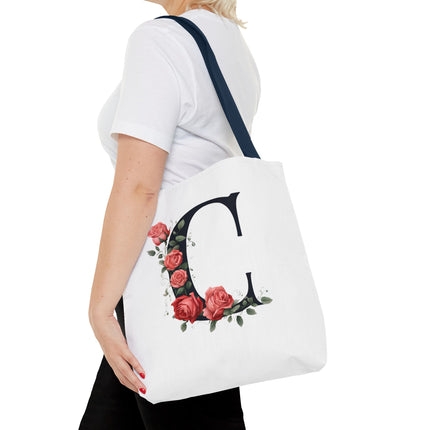 Custom Letter Personalized Tote | Rose Flowered Grocery Travel Bag | Floral Print Roses Office Laptop & Books or Exercise Overnight Carrier