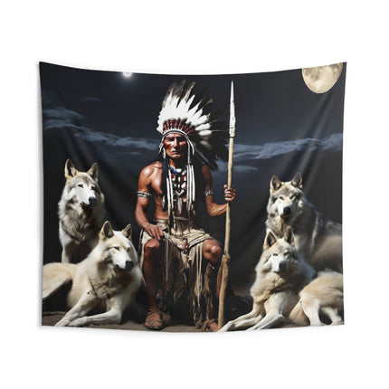 Indian Chief Wall Decor | Night Sky Tribe Wolf Pack Mountain Tapestry | Tribal Wolves Gift | Resting Native American Game Room Wall Hanging