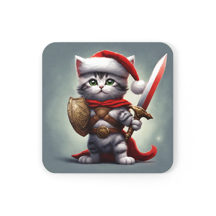 Christmas Drink Coaster Kitten Drink Holder Santa Warrior Kitten Snow Sled Cat Lover Cork Coaster