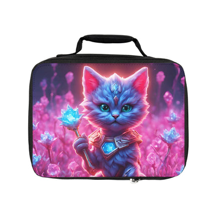 Neon Violet Fur Warrior Cat Lunch Bag Box, Girls Lush Crystal Gem Field Feline School Tote, Armored Cosmic Furry Kitten Insulated Food Bag