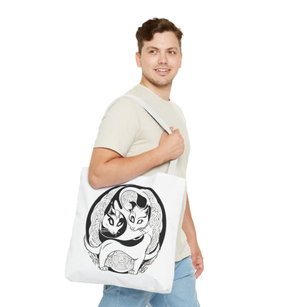 Cat Lovers Tote | Cats Yin Yang Style Grocery Bag | MEOW Chinese Print 2 Sided Office Carry All | School Supplies Kitten Carrier Tote