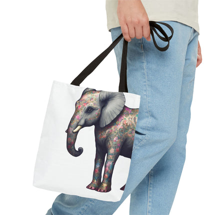 Elephant Gift Tote | Majestic Flower Pattern Grocery Bag | Animal Lovers Office Travel Carrier | Jungle Kingdom Endangered Cotton Traveler