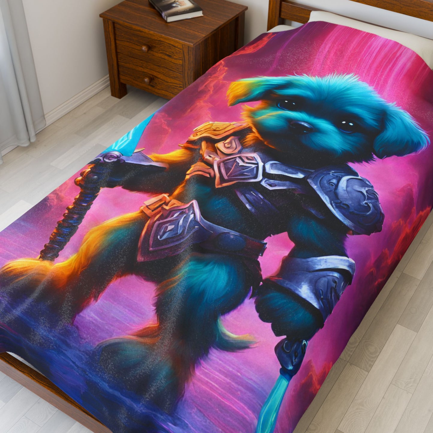 Warrior Puppy Blanket, Waterfall Dog Plush Throw Blanket, Neon Sword Seeker, Armored Pup Bed Cover, Glowing Cave Bedroom Twin Cover