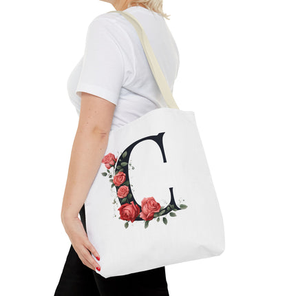 Custom Letter Personalized Tote | Rose Flowered Grocery Travel Bag | Floral Print Roses Office Laptop & Books or Exercise Overnight Carrier