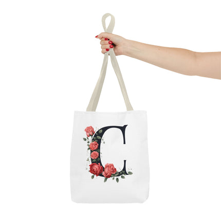 Custom Letter Personalized Tote | Rose Flowered Grocery Travel Bag | Floral Print Roses Office Laptop & Books or Exercise Overnight Carrier