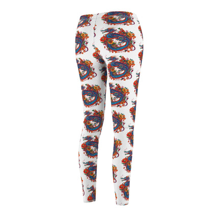 Flower Dragon Skinny Leggings, Floral Chinese Serpent Lounge Tights, Elastic Exercise Jogging Pattern Yoga Pants