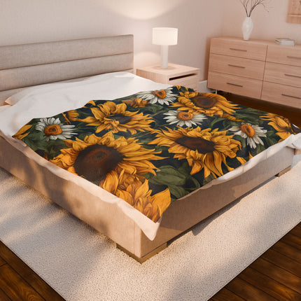 Sunflowers & Daisies Blanket, Spring or Summer Couch Plush Throw, Yellow and White Flower Bed Cover, Country Home Warm Bedroom Cozy Sheet