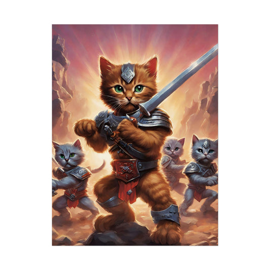 Cat Battler Warrior Poster, Office Child Bedroom Man Cave Portrait, Sword Wielding Cat Universe, Kitten Fighters Fantasy Wall Hanging