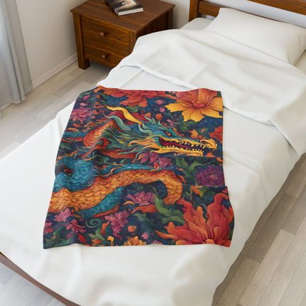 JAPANESE DRAGON FLOWER Blanket - Floral Asian Serpent Art Plush Throw