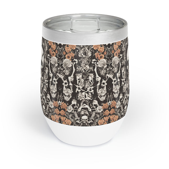 Skull and Flowers Wine Tumbler, Bone Flower Garden Pattern Wine Cooler, Flowered Design Skeleton Insulated Cup