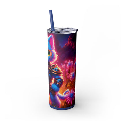 COSMIC BLUE WARRIOR CAT Skinny Tumbler - Neon Flower Field Armored Kitten Cup