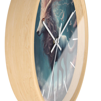 Majestic Myths Art Clock | Floral Flower Forest Horned Horse Wall Hanging | Mystical Maned Goat Fantasy Home Office Decor Gift