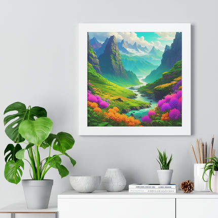 Fantasy Art Flower Mountain Valley, Landscape Framed Poster, Video Game Open World Scene Picture, River Spring Wall Hanging, Office Scenery