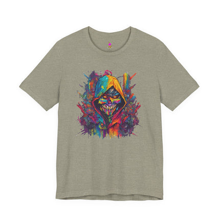 EVIL HOODED SKELETON Abstract Splash Graffiti T-Shirt - Cartoon Street Art Tee
