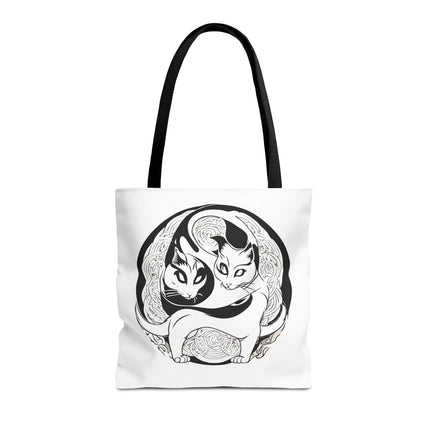 Cat Lovers Tote | Cats Yin Yang Style Grocery Bag | MEOW Chinese Print 2 Sided Office Carry All | School Supplies Kitten Carrier Tote