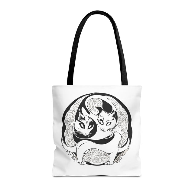 Cat Lovers Tote | Cats Yin Yang Style Grocery Bag | MEOW Chinese Print 2 Sided Office Carry All | School Supplies Kitten Carrier Tote