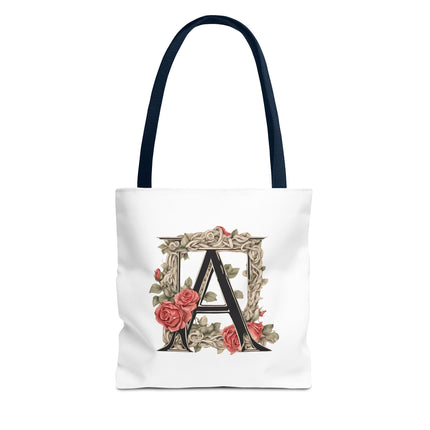 Custom Letter Personalized Tote | Rose Flowered Grocery Travel Bag | Floral Print Roses Office Laptop & Books or Exercise Overnight Carrier
