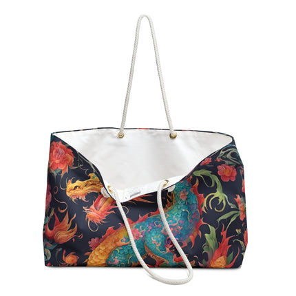 Custom Weekender | Japanese Dragon Travel Bag | Flowered Floral Serpent Japan Style Cruise Airplane & Hotel Road Trip Overnight Carrier