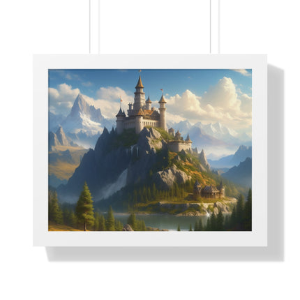 Video Game Fantasy Castle, RPG Valley Framed Poster, Mountain Nature Scene Picture, Open World Style Wall Hanging, Gamer Office Scenery