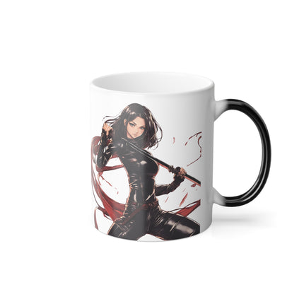 Anime Girl Color Changing Coffee Mug, Beautiful Leather Clad Japan Art Style Cup, Double Ended Katana Sword Blade Ninja Woman Gift Mug