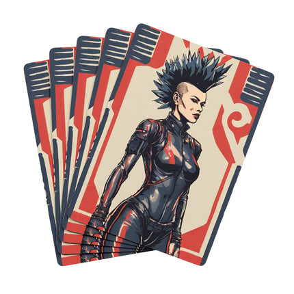 Neo Punk Girl Playing Cards, Leather Clad Woman Custom Poker Deck, Futuristic Rummy, Mohawk Babe Blackjack