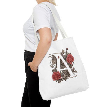 Custom Letter Personalized Tote | Rose Flowered Grocery Travel Bag | Floral Print Roses Office Laptop & Books or Exercise Overnight Carrier