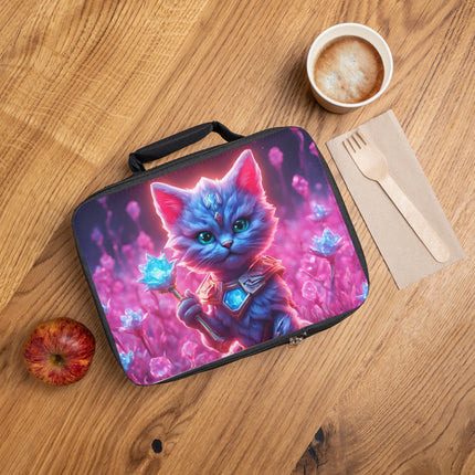 Neon Violet Fur Warrior Cat Lunch Bag Box, Girls Lush Crystal Gem Field Feline School Tote, Armored Cosmic Furry Kitten Insulated Food Bag