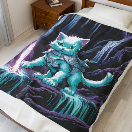 GLOWING FALLS WARRIOR CAT Blanket - Waterfall Cave Neon Sword Seeker Plush Cover
