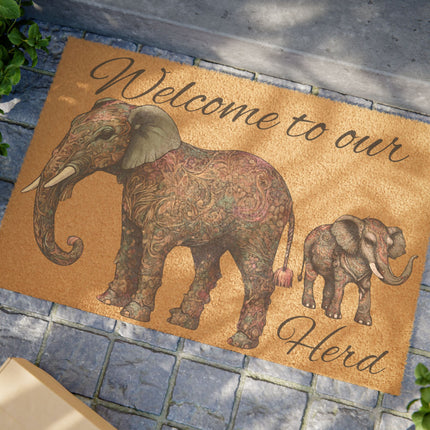 WELCOME TO OUR HERD Majestic Pattern Elephant Doormat