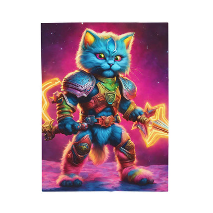Rainbow Neon Warrior Cat Blanket, Glowing Feline Couch Throw, Armored Fighter Kitten Bed Cover, Awesome Kid or Adult Gift Bedroom Cover