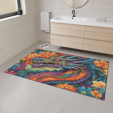 Japanese Dragons Floral Heavy Duty Floor Mat | Flower Pattern Style Serpent Bathroom Decor | Entryway Flowered Chinese Dragon Lover Gift