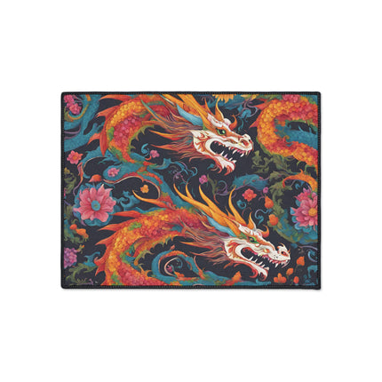 Japanese Dragons Floral Heavy Duty Floor Mat | Flower Pattern Twin Serpent Bathroom Decor | Entryway Flowered Chinese Dragon Lover Gift