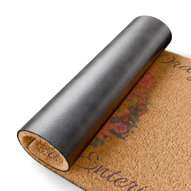 PLEASE BEGIN DRAGON YOUR SHOES UPON ENTERING Flower Dragon Doormat