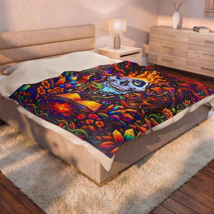 PSYCHEDELIC MIND'S EYE FLAMING BLUE SKULL Trippy Mushroom Blanket