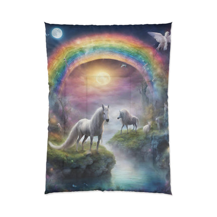 Girls Christmas Gift, Mystical Moonlight Horse Rainbow Girls Bedroom Twin Comforter, Fantasy Dreams Toddler Childrens Bed Blanket