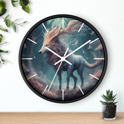 Majestic Myths Art Clock | Floral Flower Forest Horned Horse Wall Hanging | Mystical Maned Goat Fantasy Home Office Decor Gift